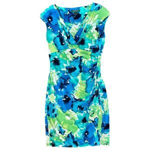 Lauren Ralph Lauren Blue Green Teal Floral Ruched Faux Wrap Sheath Dress Size 8